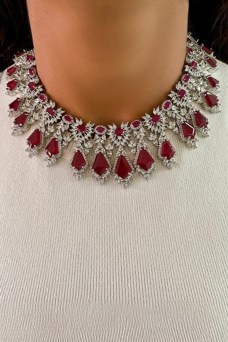PRERTO Yanam Ruby Diamonte Necklace Set 