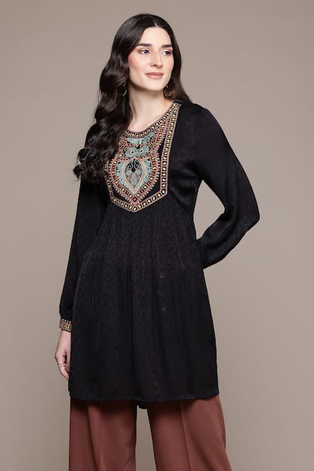 Shop Ritu Kumar Black Viscose Embroidery Round Neck Arith Solid Short Top Shop_Ritu Kumar_Black Viscose Embroidery Round Neck Arith Solid Short Top