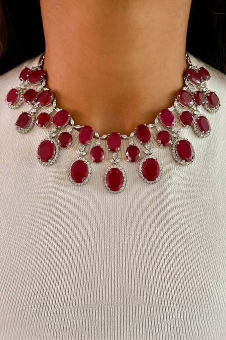 Buy PRERTO Red Stones, Crystals Leh Ruby Diamond Ovalet Necklace Set at Aza Fashions Buy_PRERTO_Red Stones, Crystals Leh Ruby Diamond Ovalet Necklace Set_at_Aza_Fashions