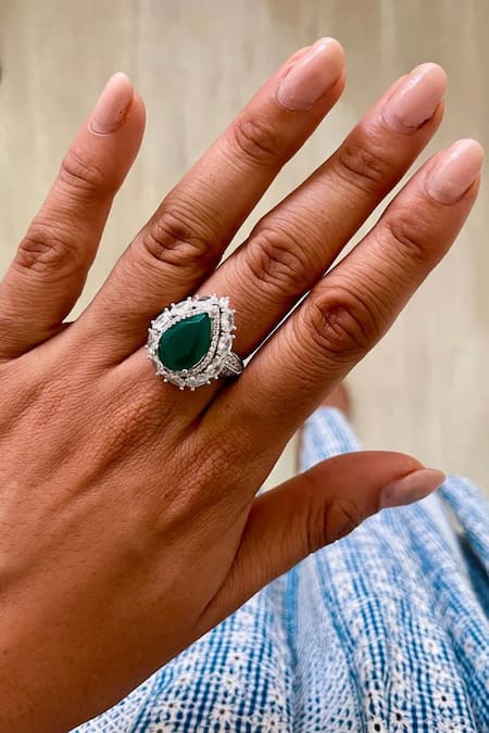 Buy_PRERTO_Emerald Green Gemstones, Crystals, Diamond Ovalet Necklace Set_Online_at_Aza_Fashions