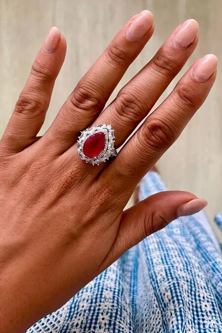 PRERTO_Red Imitation Gemstones Noelle Infinity Ruby Diamond Set_Online_at_Aza_Fashions