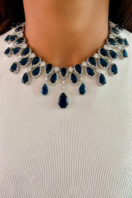 PRERTO Sapphire Imitation Gemstones Infinity Necklace Set 