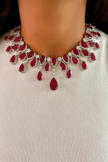 PRERTO Red Stones Sirsa Ruby Diamond Infinity Necklace Set