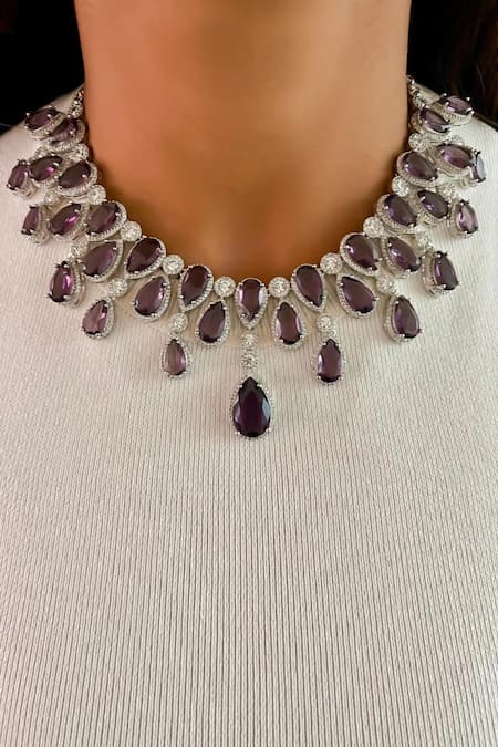 PRERTO Purple Stones Sirsa Diamond Necklace Set 