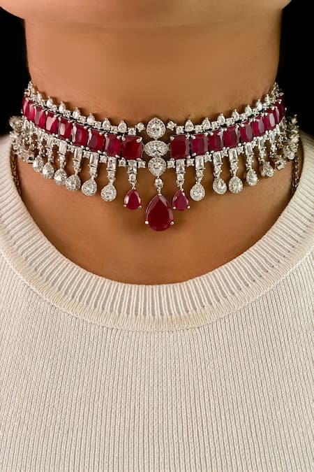 Prerto Red Diamonds Bally Ruby Stones Necklace Set 