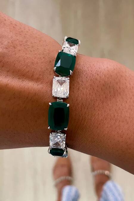 PRERTO_Emerald Green Gemstones, Rhinestones, 2 Layer Statement Floral Necklace Set_Online_at_Aza_Fashions