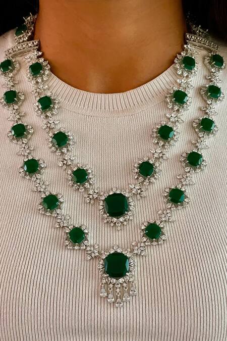 PRERTO Emerald Green Gemstones, Rhinestones, 2 Layer Statement Floral Necklace Set