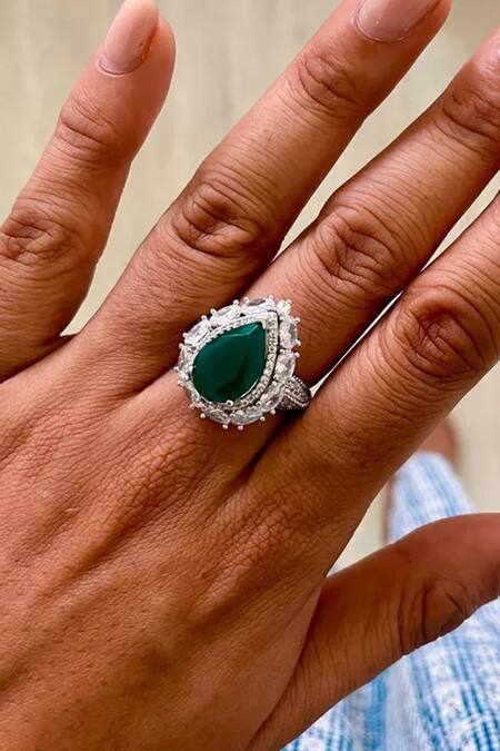 Buy_PRERTO_Emerald Green Gemstones, Rhinestones, 2 Layer Statement Floral Necklace Set_Online_at_Aza_Fashions