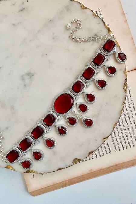 PRERTO_Red Chunky Ruby Statement Necklace Set_Online_at_Aza_Fashions