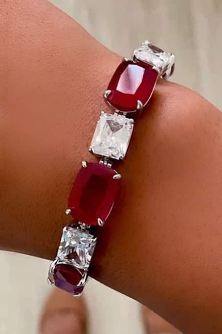 PRERTO_Red Gemstones, Diu Ruby Diamonte Necklace Set_Online_at_Aza_Fashions