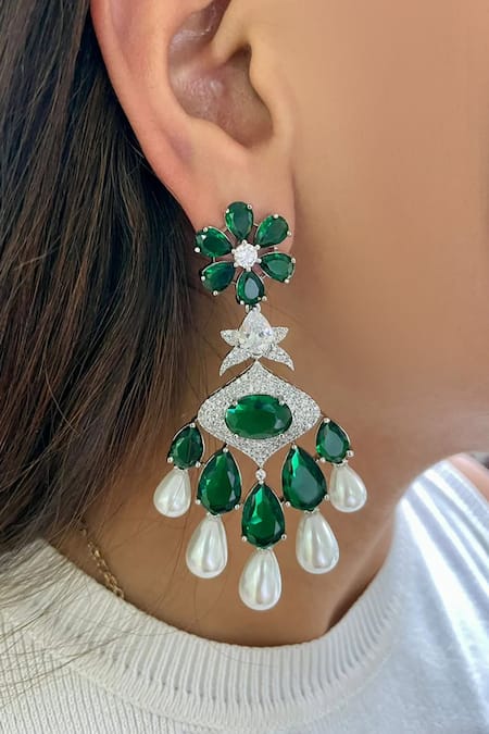 Shop PRERTO Emerald Green Pearls, Stones Drops Necklace Set at Aza Fashions Shop_PRERTO_Emerald Green Pearls, Stones Drops Necklace Set_at_Aza_Fashions