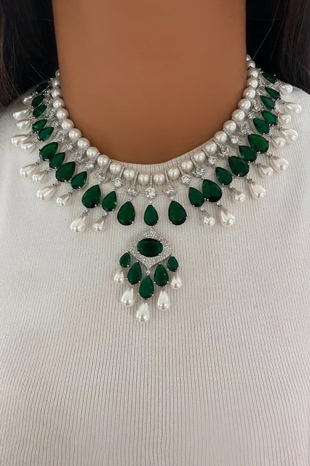 PRERTO Emerald Green Pearls, Stones Drops Necklace Set