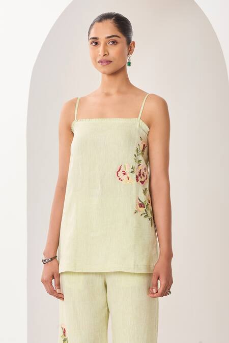 Sue Mue_Mint Linen Embroidery Square Neck Green Floral Co-ordinate Set _Online_at_Aza_Fashions