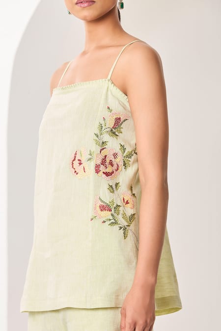 Buy_Sue Mue_Mint Linen Embroidery Square Neck Green Floral Co-ordinate Set _Online_at_Aza_Fashions