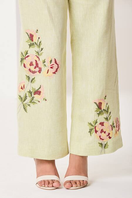 Shop_Sue Mue_Mint Linen Embroidery Square Neck Green Floral Co-ordinate Set _Online_at_Aza_Fashions