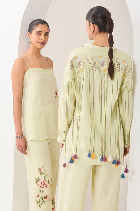 Sue Mue_Mint Linen Embroidery Square Neck Green Floral Co-ordinate Set _at_Aza_Fashions