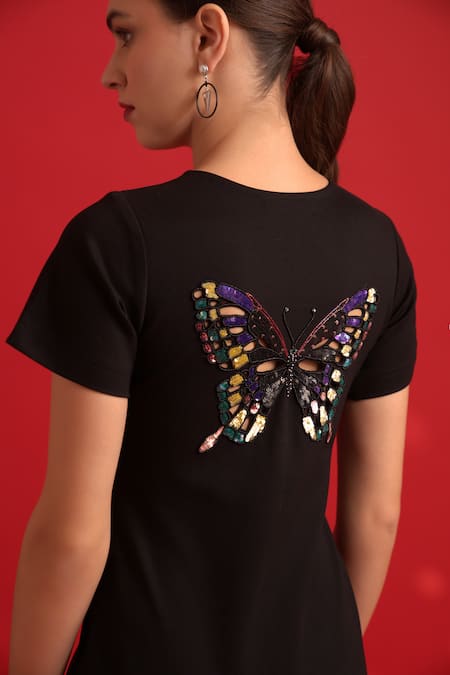 Dev And Viv_Black Nylon, Rayon, Spandex Embroidery Round Neck Butterfly Dress _Online_at_Aza_Fashions