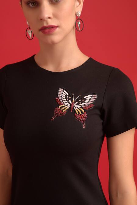 Buy_Dev And Viv_Black Nylon, Rayon, Spandex Embroidery Round Neck Butterfly Dress _Online_at_Aza_Fashions