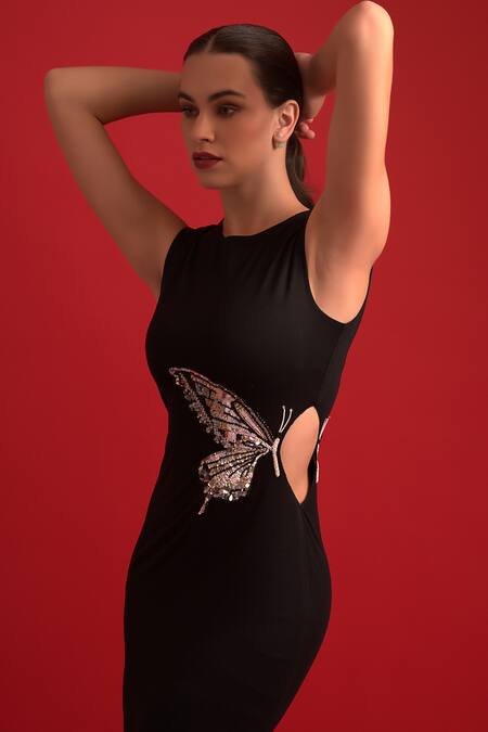 Dev And Viv Black Nylon, Rayon, Spandex Beads Designer Dress With Butterfly Embellishment Online at Aza Fashions Dev And Viv_Black Nylon, Rayon, Spandex Beads Designer Dress With Butterfly Embellishment _Online_at_Aza_Fashions