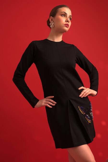 Dev And Viv_Black Nylon, Rayon, Spandex Sequins Round Neck Butterfly Embellished Dress _Online_at_Aza_Fashions