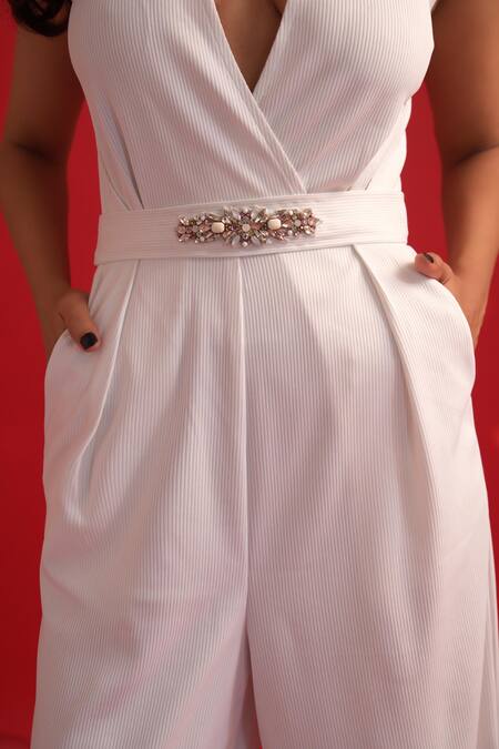 Buy_Dev And Viv_White Polyester, Lycra Beads Halter Neck Designer Jumpsuit _Online_at_Aza_Fashions