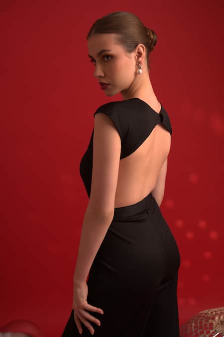 Dev And Viv Black Polyester, Rayon, Lurex Round Neck Designer Jumpsuit Online at Aza Fashions Dev And Viv_Black Polyester, Rayon, Lurex Round Neck Designer Jumpsuit _Online_at_Aza_Fashions