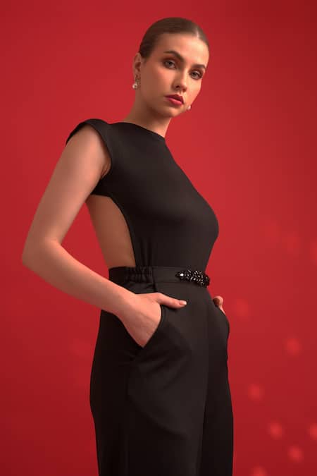 Buy Dev And Viv Black Polyester, Rayon, Lurex Round Neck Designer Jumpsuit Online at Aza Fashions Buy_Dev And Viv_Black Polyester, Rayon, Lurex Round Neck Designer Jumpsuit _Online_at_Aza_Fashions