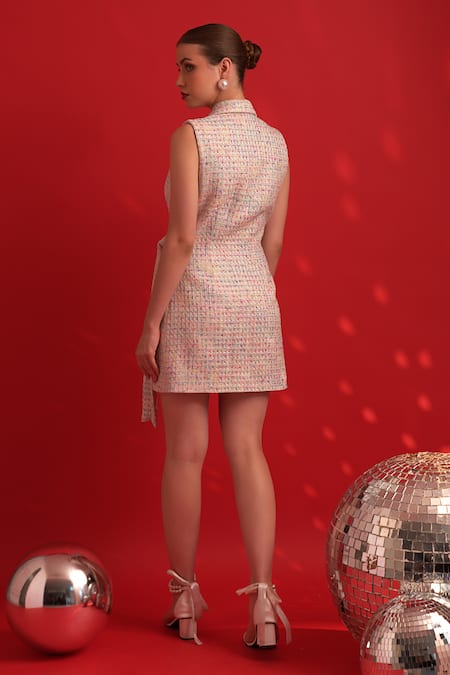 Shop Dev And Viv Pink Polyester, Lurex Collared Designer Wrap Dress at Aza Fashions Shop_Dev And Viv_Pink Polyester, Lurex Collared Designer Wrap Dress _at_Aza_Fashions