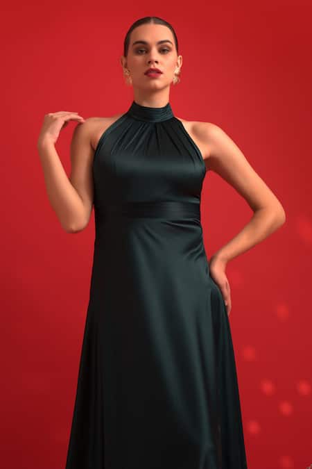 Dev And Viv Green Polyester Halter Neck Elegant Gown Online at Aza Fashions Dev And Viv_Green Polyester Halter Neck Elegant Gown _Online_at_Aza_Fashions