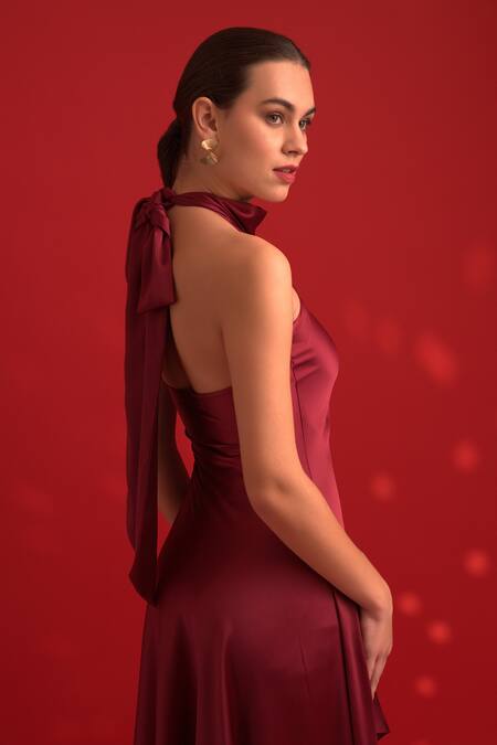 Dev And Viv Red Polyester Halter Neck Designer Gown With Ruffle Hem Online at Aza Fashions Dev And Viv_Red Polyester Halter Neck Designer Gown With Ruffle Hem _Online_at_Aza_Fashions