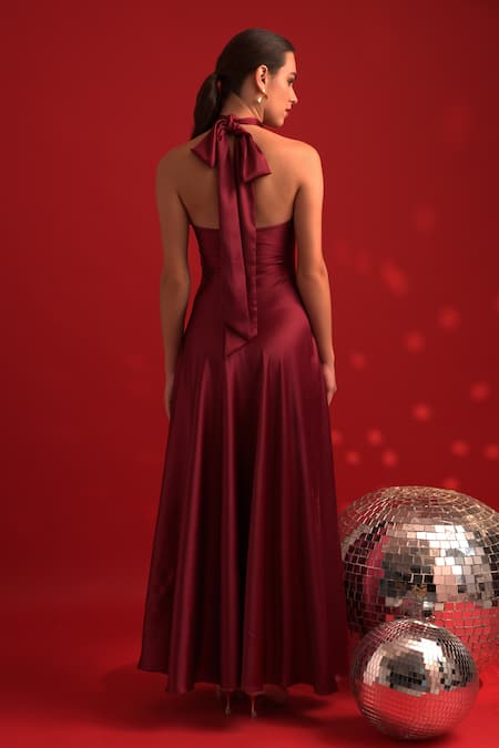 Shop Dev And Viv Red Polyester Halter Neck Designer Gown With Ruffle Hem at Aza Fashions Shop_Dev And Viv_Red Polyester Halter Neck Designer Gown With Ruffle Hem _at_Aza_Fashions