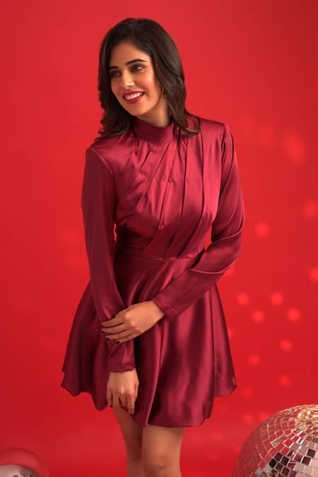 Buy Dev And Viv Red Polyester High Neck Satin Designer Dress Online at Aza Fashions Buy_Dev And Viv_Red Polyester High Neck Satin Designer Dress _Online_at_Aza_Fashions