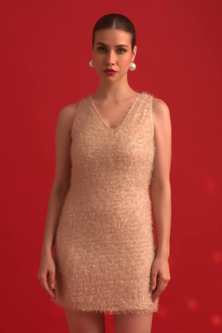 Dev And Viv Gold Polyester, Lycra V-neck Textured Designer Dress Online at Aza Fashions Dev And Viv_Gold Polyester, Lycra V-neck Textured Designer Dress _Online_at_Aza_Fashions