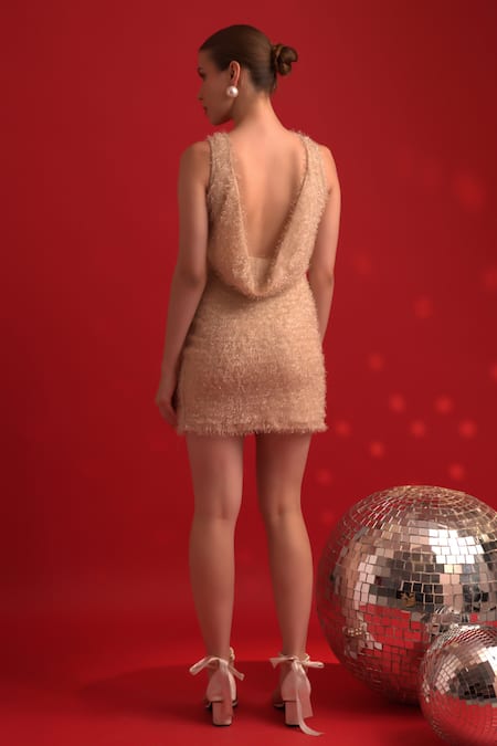 Shop Dev And Viv Gold Polyester, Lycra V-neck Textured Designer Dress at Aza Fashions Shop_Dev And Viv_Gold Polyester, Lycra V-neck Textured Designer Dress _at_Aza_Fashions