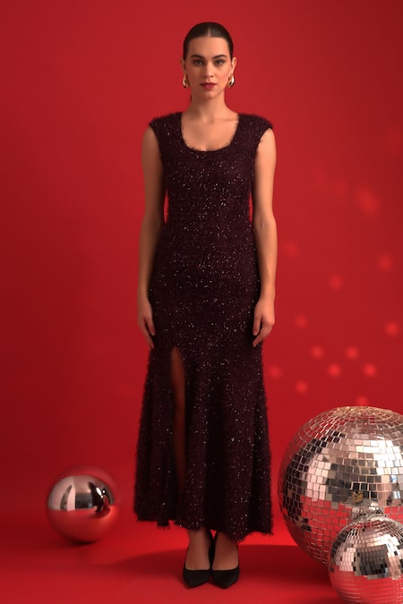 Buy_Dev And Viv_Burgundy Polyester, Lycra Scoop Neck Black Designer Dress _Online_at_Aza_Fashions