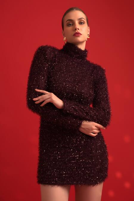 Dev And Viv Purple Polyester, Lycra High Neck Sparkly Designer Dress Online at Aza Fashions Dev And Viv_Purple Polyester, Lycra High Neck Sparkly Designer Dress _Online_at_Aza_Fashions