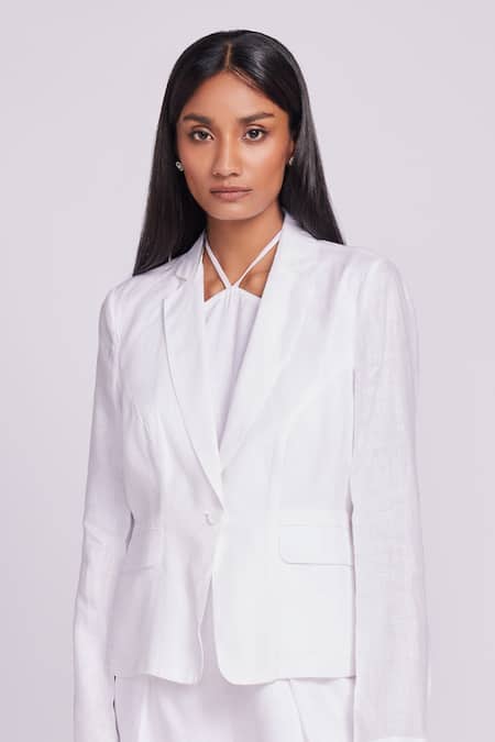 Dev And Viv_White Open Neck Lyocell Linen Jacket _Online_at_Aza_Fashions
