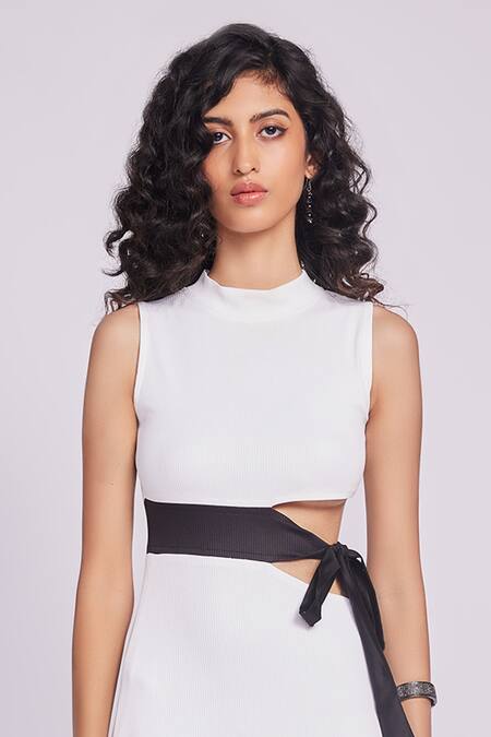 Buy Dev And Viv White Rayon High Neck Cutout Dress With Black Tie Online at Aza Fashions Buy_Dev And Viv_White Rayon High Neck Cutout Dress With Black Tie _Online_at_Aza_Fashions