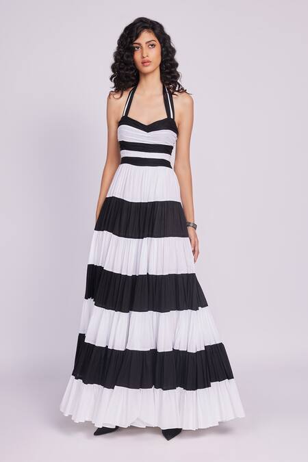 Dev And Viv_Black Cotton Halter Neck And White Striped Maxi Dress _Online_at_Aza_Fashions