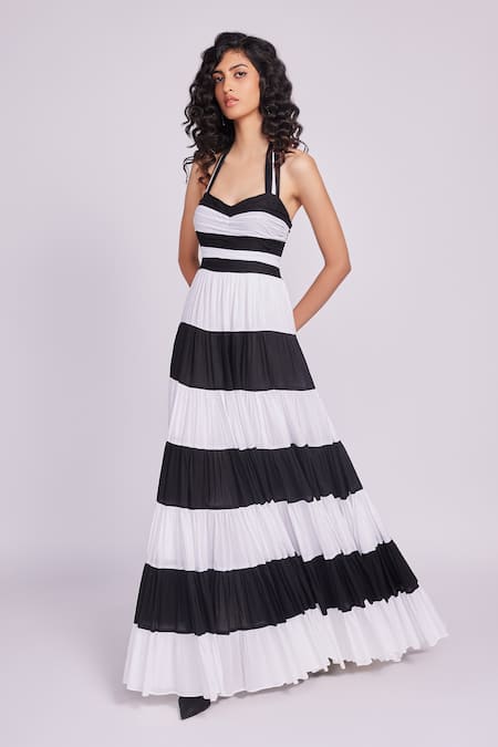 Dev And Viv Black Cotton Halter Neck And White Striped Maxi Dress 