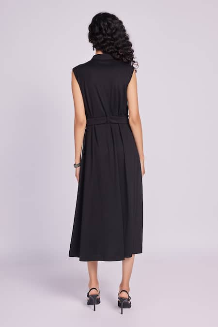 Shop Dev And Viv Black Rayon Collared Buttoned Dress With Belt at Aza Fashions Shop_Dev And Viv_Black Rayon Collared Buttoned Dress With Belt _at_Aza_Fashions