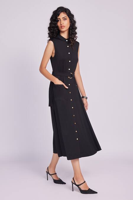 Dev And Viv Black Rayon Collared Buttoned Dress With Belt Online at Aza Fashions Dev And Viv_Black Rayon Collared Buttoned Dress With Belt _Online_at_Aza_Fashions