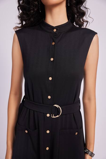Buy Dev And Viv Black Rayon Collared Buttoned Dress With Belt Online at Aza Fashions Buy_Dev And Viv_Black Rayon Collared Buttoned Dress With Belt _Online_at_Aza_Fashions