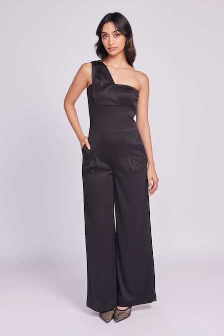 Dev And Viv Black Viscose One Shoulder Designer Jumpsuit 