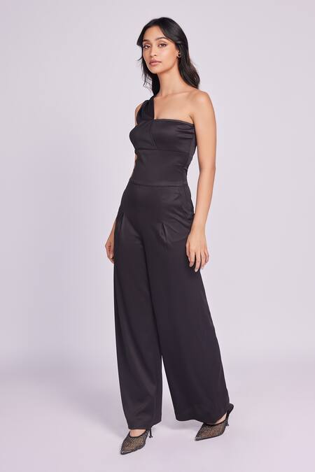 Dev And Viv_Black Viscose One Shoulder Designer Jumpsuit _Online_at_Aza_Fashions