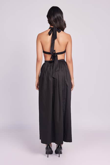 Shop Dev And Viv Black Cotton Halter Neck Cut-out Dress at Aza Fashions Shop_Dev And Viv_Black Cotton Halter Neck Cut-out Dress _at_Aza_Fashions