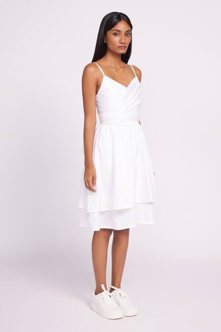 Dev And Viv White Cotton V-neck Spaghetti Strap Dress Online at Aza Fashions Dev And Viv_White Cotton V-neck Spaghetti Strap Dress _Online_at_Aza_Fashions