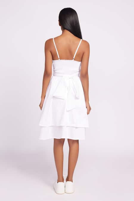 Shop Dev And Viv White Cotton V-neck Spaghetti Strap Dress at Aza Fashions Shop_Dev And Viv_White Cotton V-neck Spaghetti Strap Dress _at_Aza_Fashions