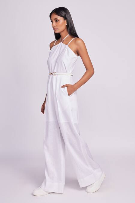 Buy_Dev And Viv_White Linen Halter Neck Jumpsuit _Online_at_Aza_Fashions