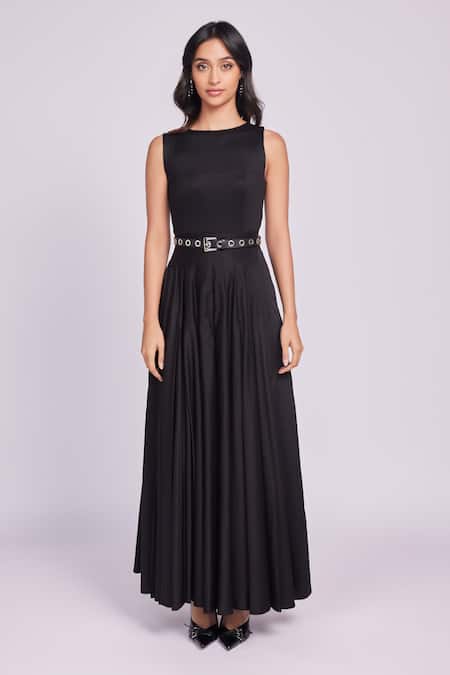 Dev And Viv Black Cotton Buckles Round Neck Designer Dress 